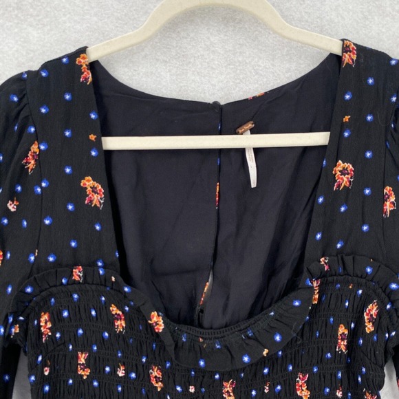 Free People Two Faces Mini Dress Womens XS Black Smocked Waist Balloon Sleeve - Picture 4 of 16